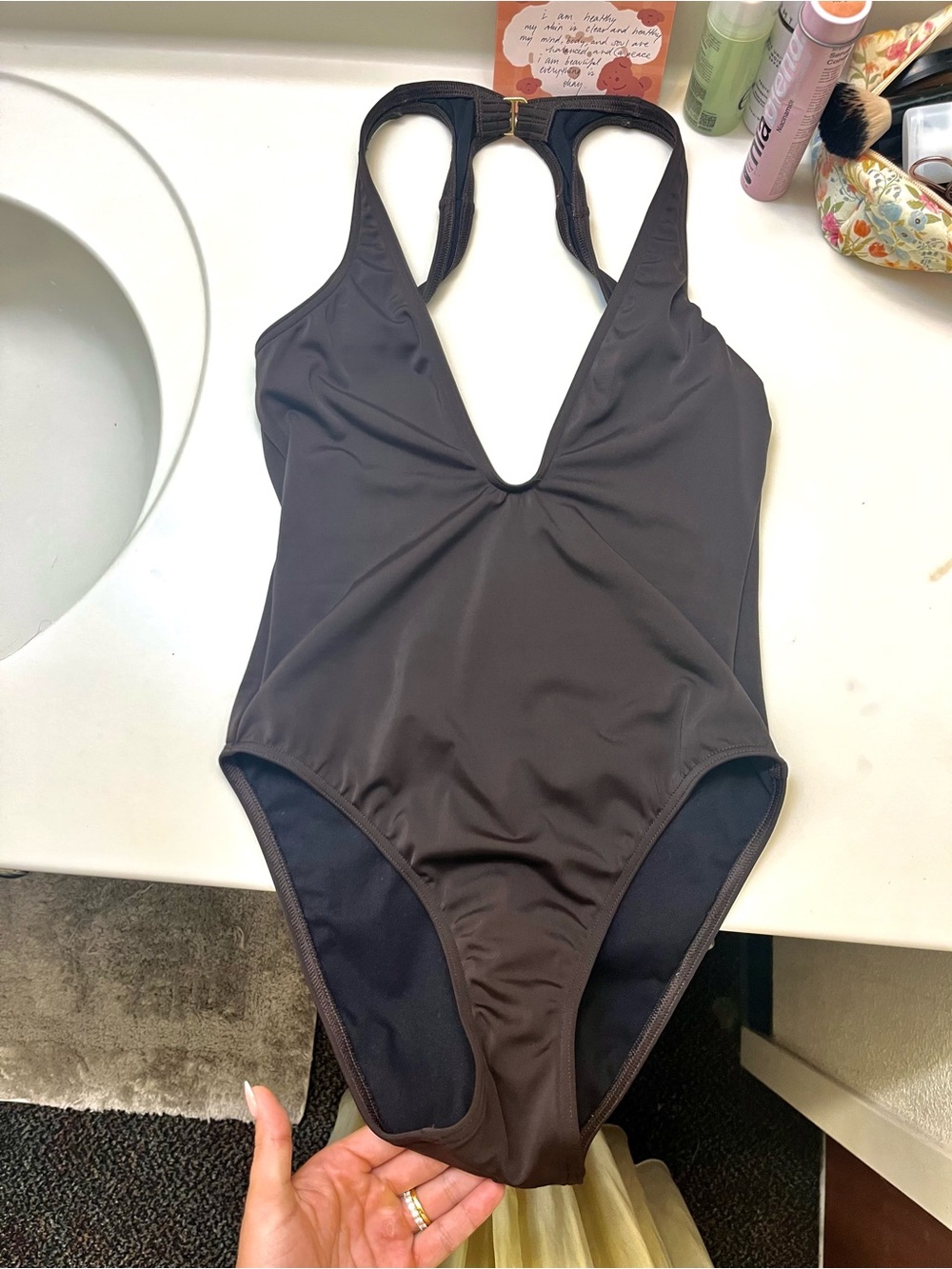 Victorias Secret Deep V One-Piece Swimsuit in Dark Brown Vintage
